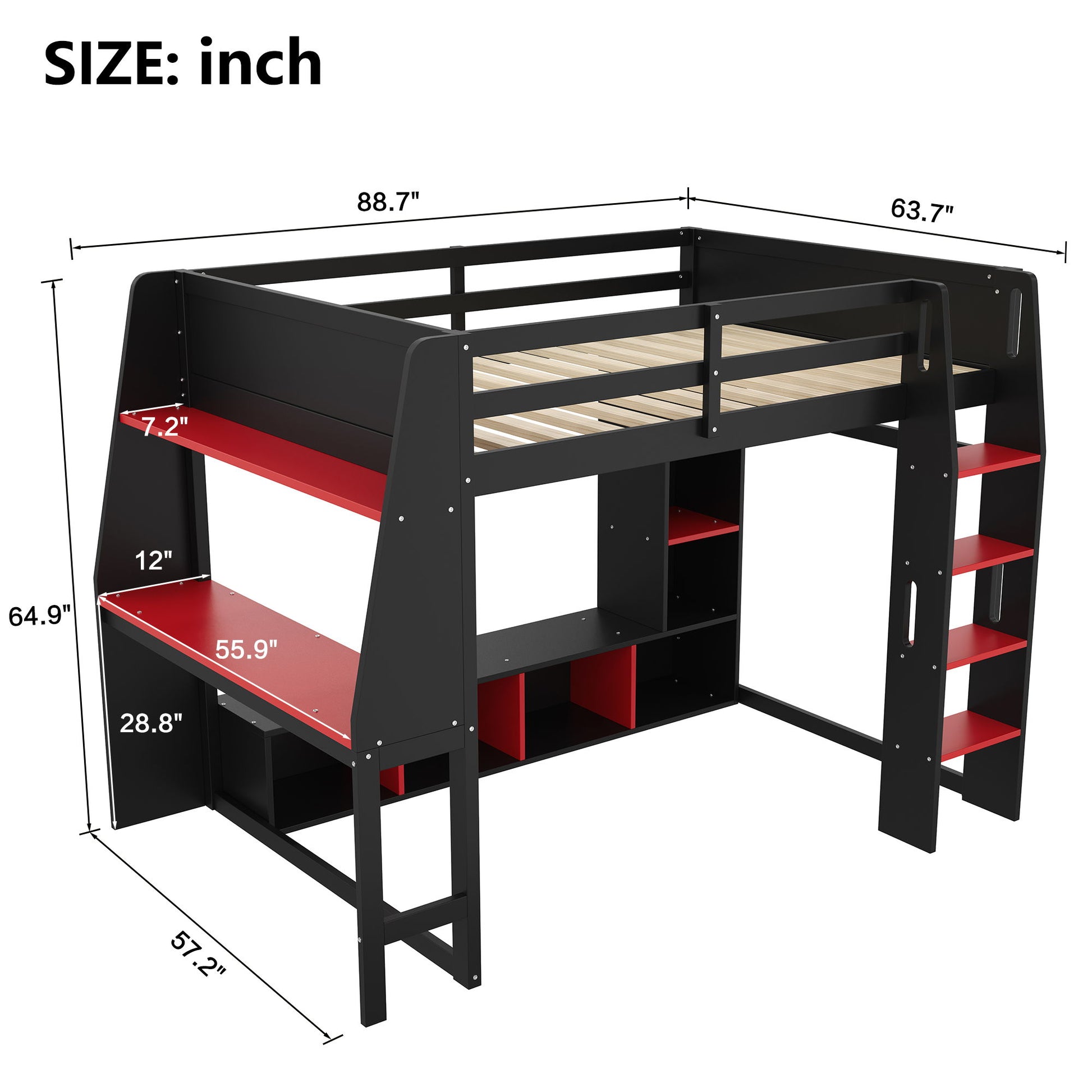 Gaming Loft Bed With Desk, Multi Storage Shelves, LED Lighting, And Hanging Clothes Rack - The Sleep Loft - Online Mattress Showroom NYC