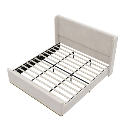 King Size Luxurious Corduroy Upholstered Bed Frame With Vertical Stripe Wingback Headboard And High Footboard - Light Gray - The Sleep Loft - Online Mattress Showroom NYC