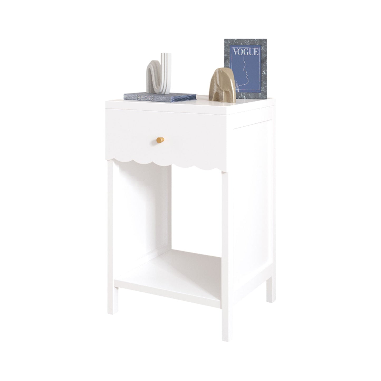 Nightstand With Drawer And Open Shelf, Scalloped Edge Bedside Table - The Sleep Loft - Online Mattress Showroom NYC