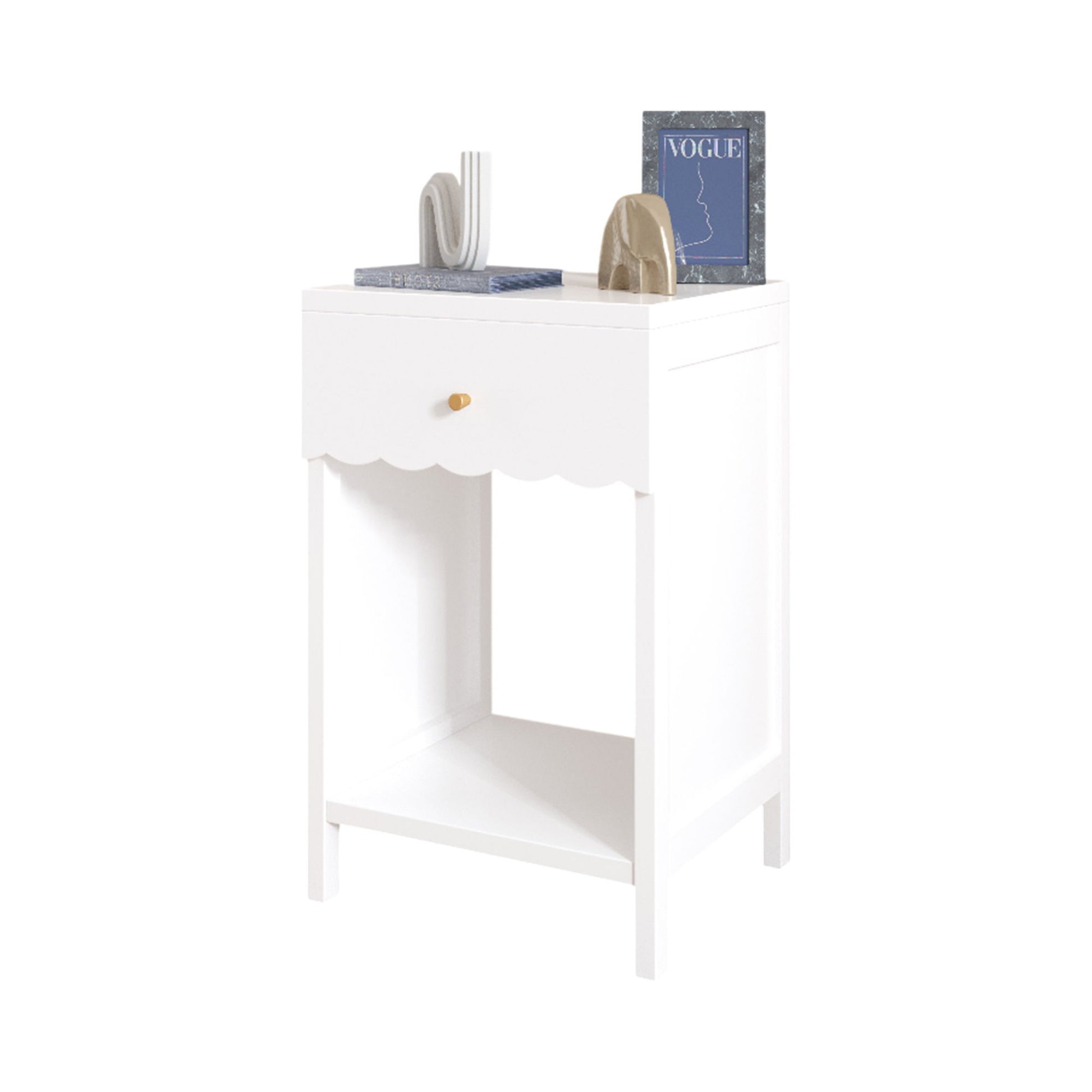 Nightstand With Drawer And Open Shelf, Scalloped Edge Bedside Table - The Sleep Loft - Online Mattress Showroom NYC