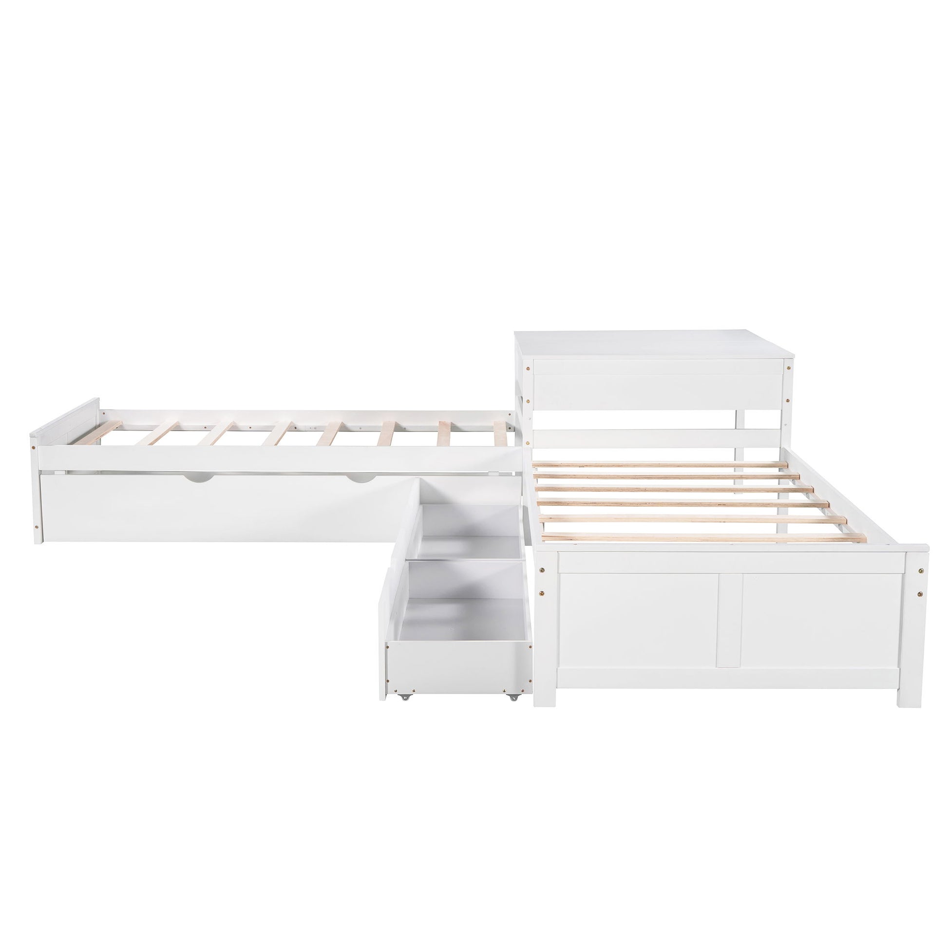 L Shaped Platform Bed With Trundle And Drawers Linked With Built In Desk - The Sleep Loft - Online Mattress Showroom NYC
