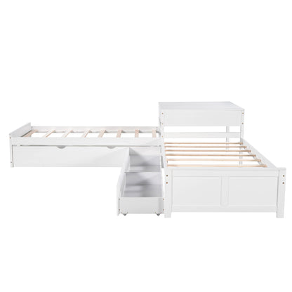 L Shaped Platform Bed With Trundle And Drawers Linked With Built In Desk - The Sleep Loft - Online Mattress Showroom NYC