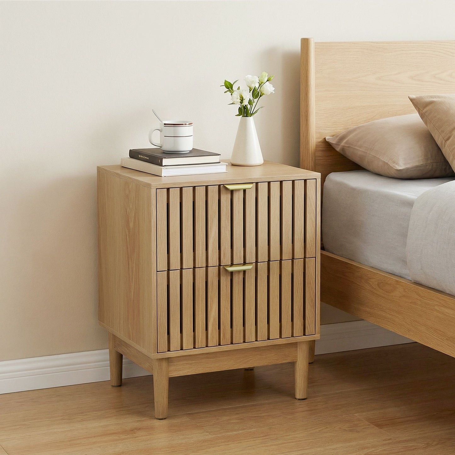 Bedside Table With Grille Design And 2 Drawers, Side Table For Bedroom - Oak - The Sleep Loft - Online Mattress Showroom NYC
