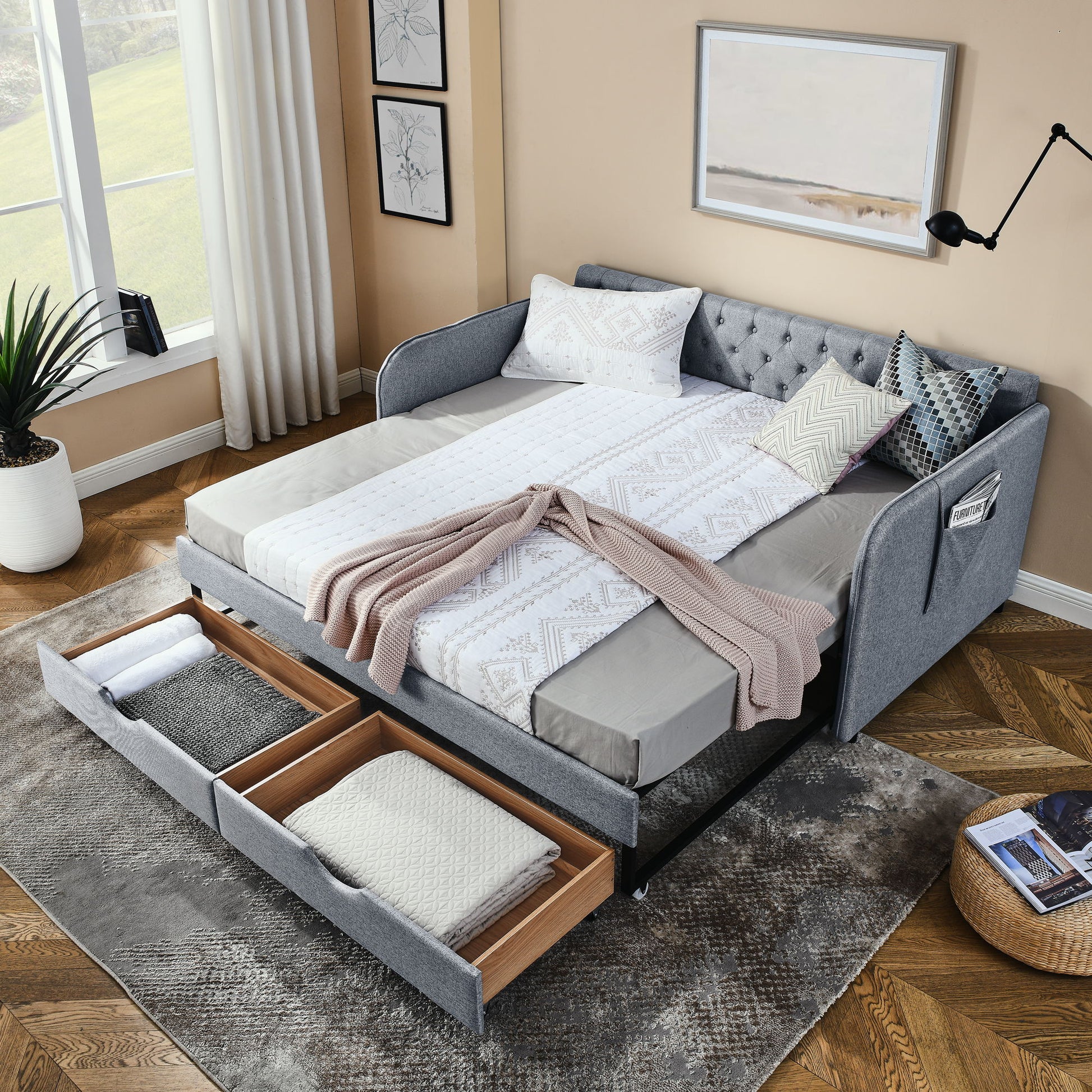 Daybed With Trundle And Storage Drawers, Flat Arms With Pocket - The Sleep Loft - Online Mattress Showroom NYC