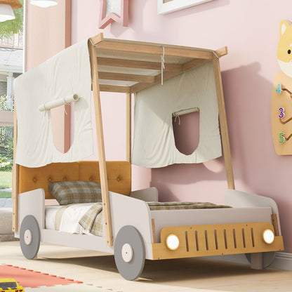 Twin Size Car Bed With Pillow, Ceiling Cloth And LED - Natural - The Sleep Loft - Online Mattress Showroom NYC