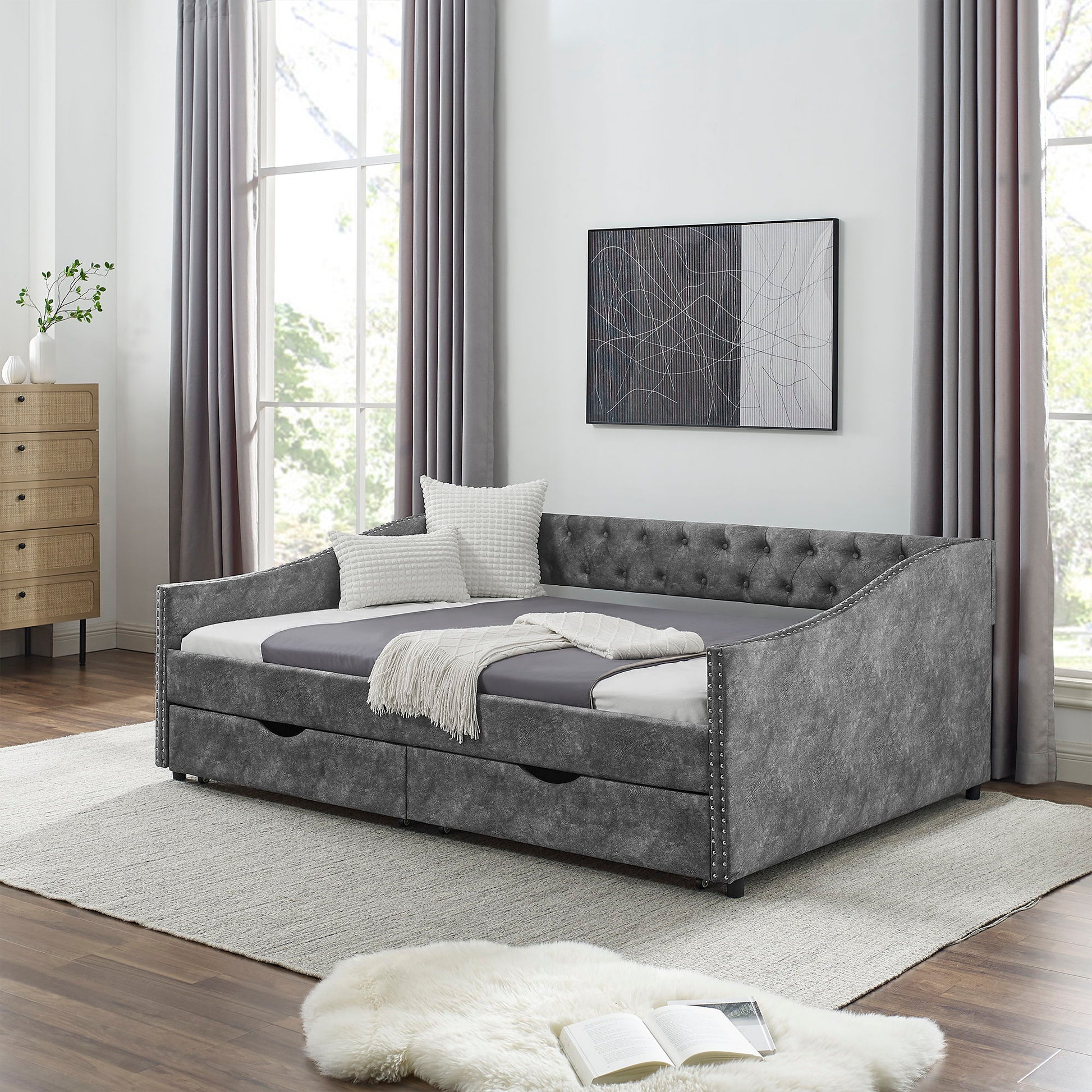 Upholstered Tufted Daybed With Drawers, Waved Arms - The Sleep Loft - Online Mattress Showroom NYC