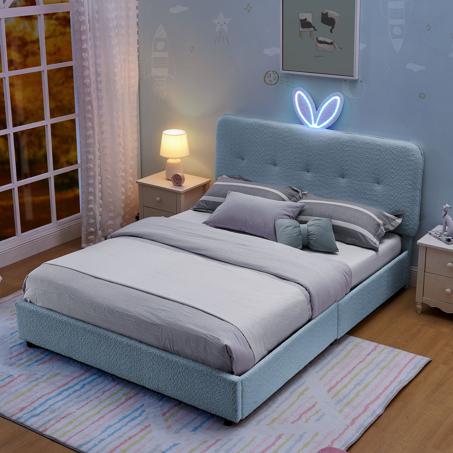 Upholstered Bed With Oversized Rabbit Ear Headboard, LED Lights & 4 Storage Drawers - The Sleep Loft - Online Mattress Showroom NYC