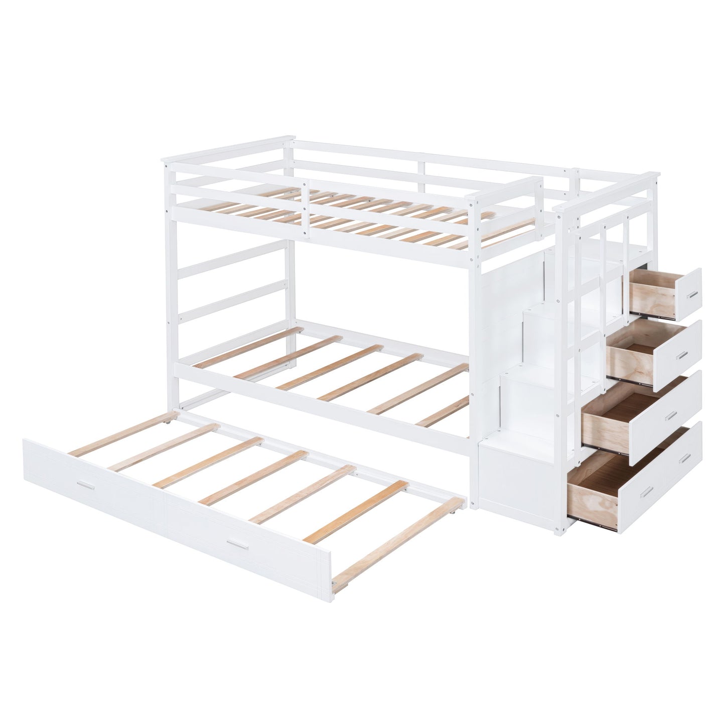 Twin Over Twin Bunk Bed With Trundle And Staircase - White - The Sleep Loft - Online Mattress Showroom NYC