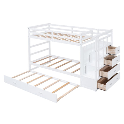 Twin Over Twin Bunk Bed With Trundle And Staircase - White - The Sleep Loft - Online Mattress Showroom NYC