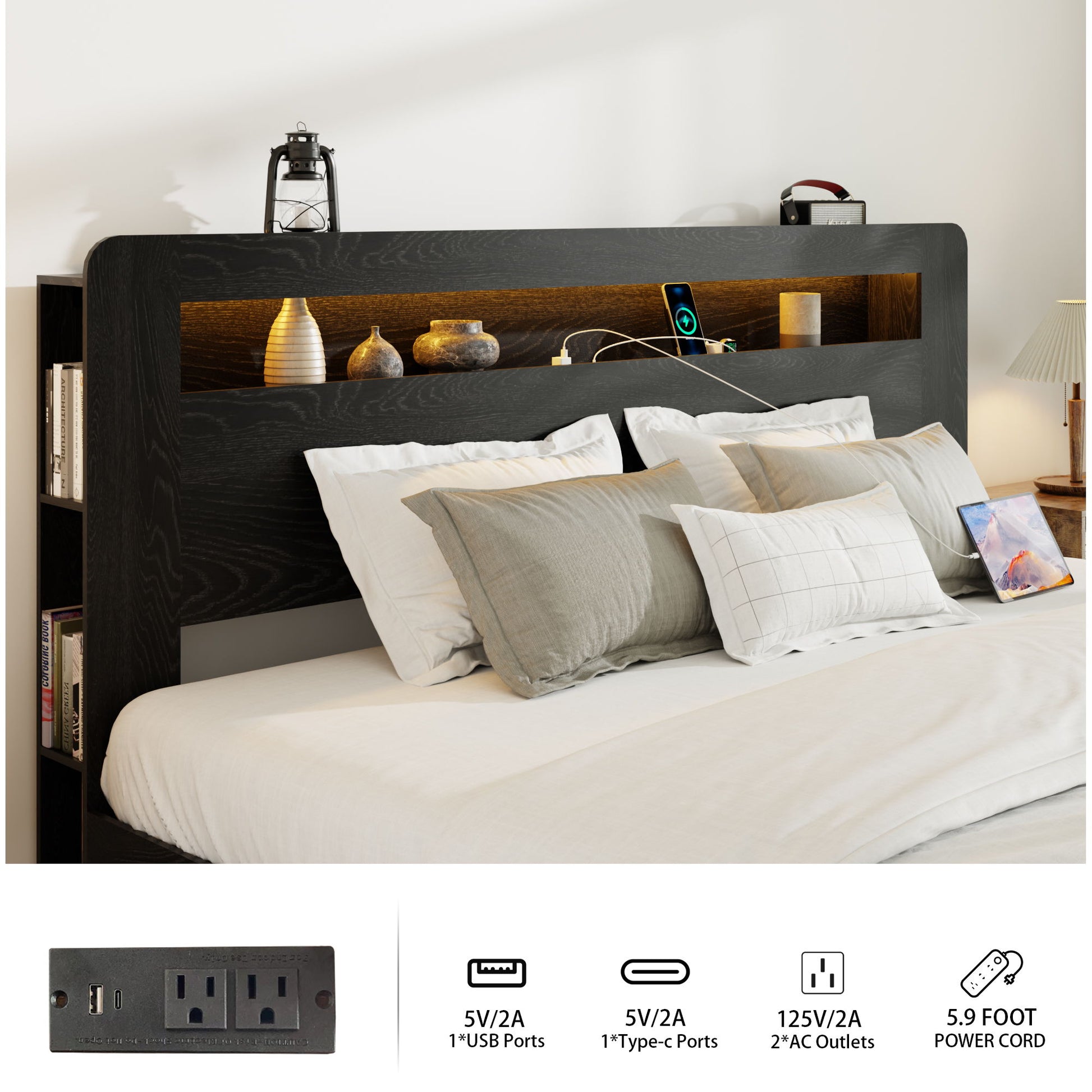 Wood Platform Bed Frame With Storage LED Light Headboard & USB - The Sleep Loft - Online Mattress Showroom NYC