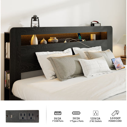 Wood Platform Bed Frame With Storage LED Light Headboard & USB - The Sleep Loft - Online Mattress Showroom NYC