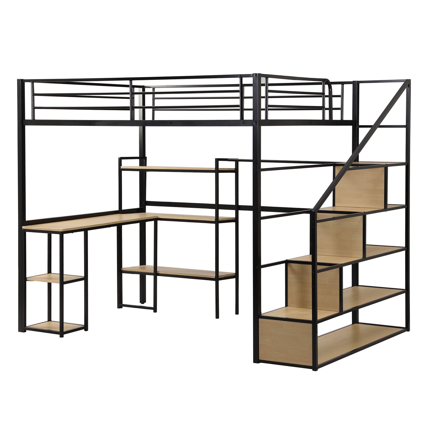 Full Size Loft Bed With Staircase, Built In Desk And Shelves And Sleeping Surface - Black - The Sleep Loft - Online Mattress Showroom NYC