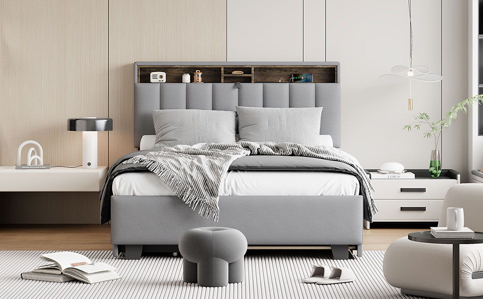 Upholstered Platform Bed With Storage Headboard, Trundle & 2 Drawers And A Set Of Sockets & USB Ports - The Sleep Loft - Online Mattress Showroom NYC