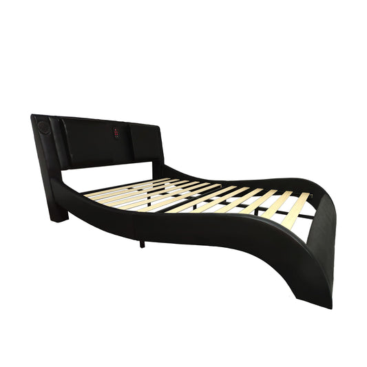 Queen Size Upholstered Platform Bed Frame With LED Lighting, Bluetooth Connection To Play Music Control, Backrest Vibration Massage, Curve Design, Wood Slat Support, Exhibited Speakers - Blac - The Sleep Loft - Online Mattress Showroom NYC