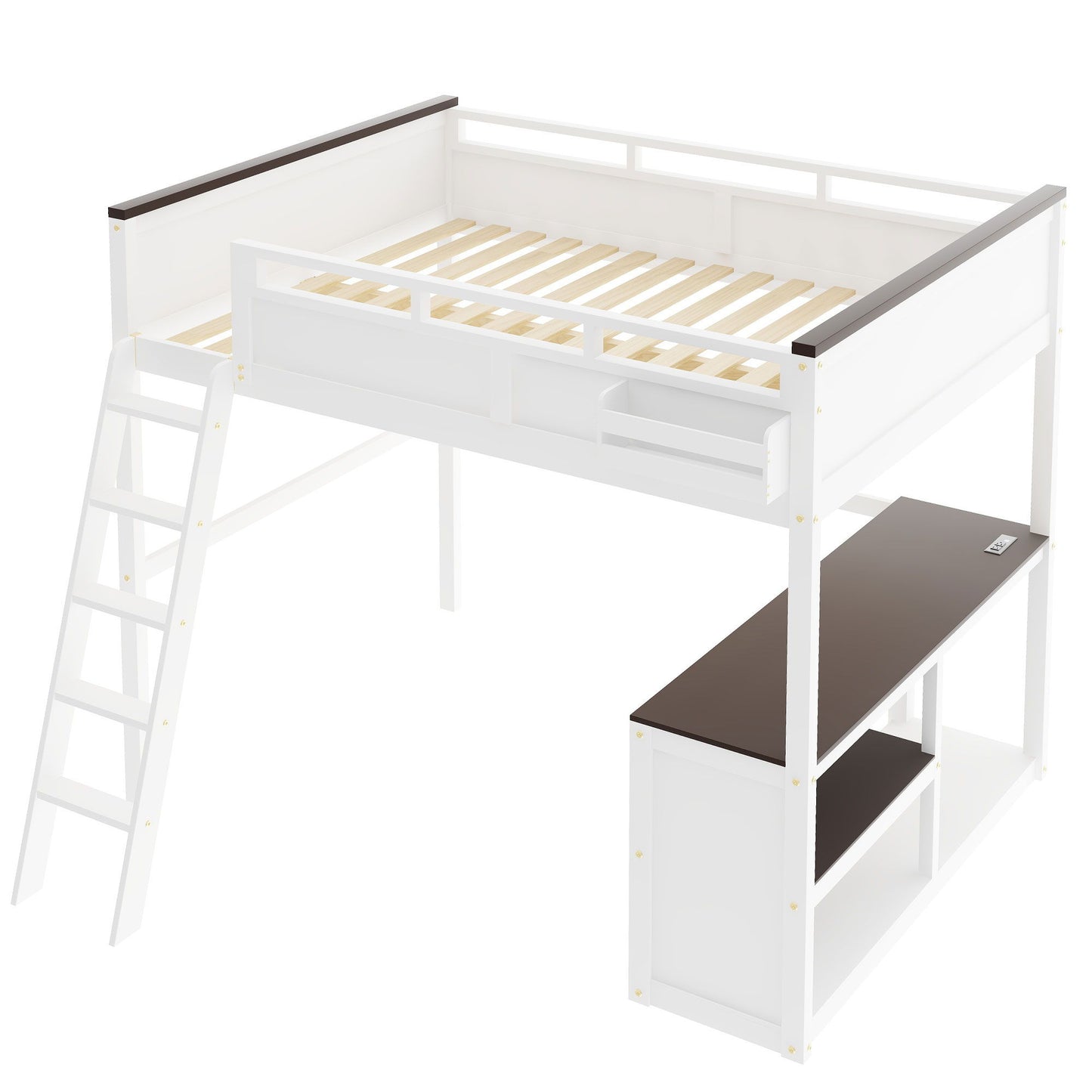 Queen Size Loft Bed With Desk, Open Shelf, Storage Box And USB Charging Station - White - The Sleep Loft - Online Mattress Showroom NYC