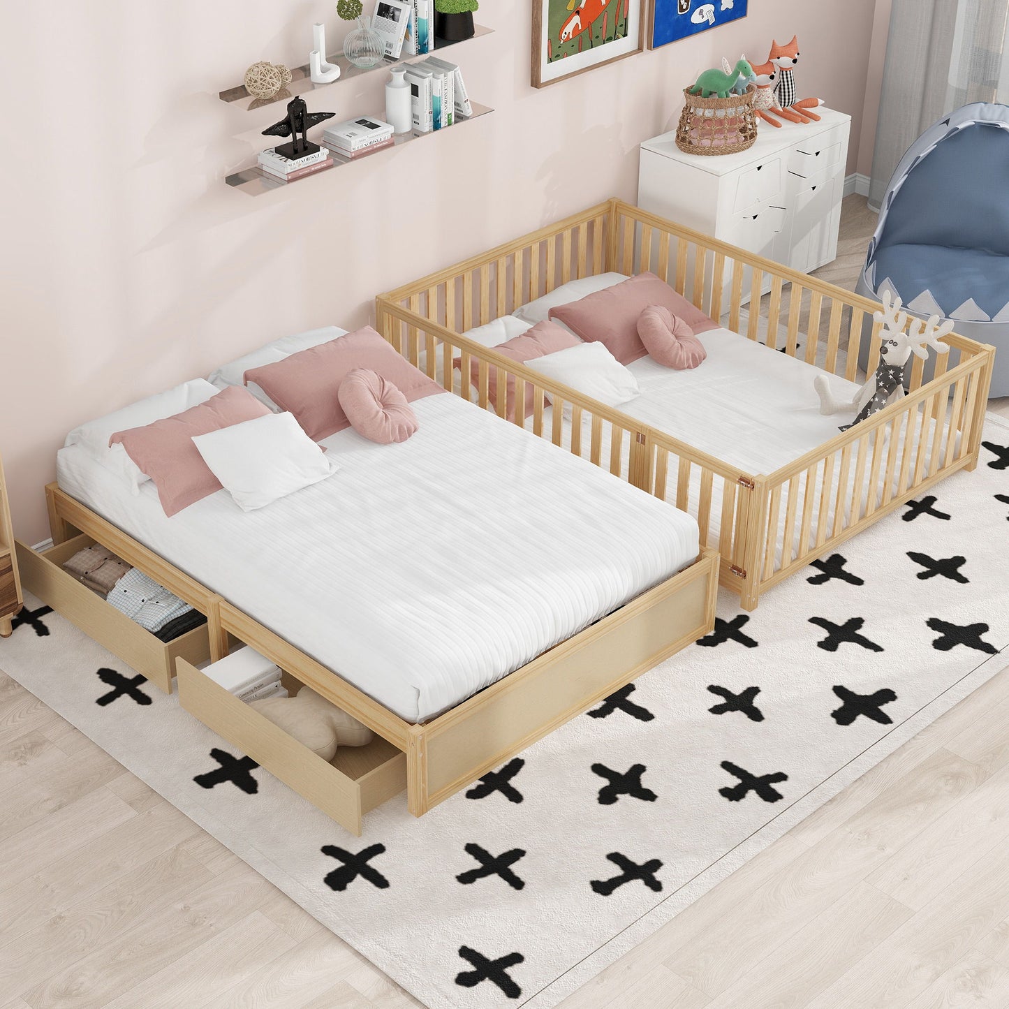 Daybed With Fence Guardrails And 2 Drawers, Split Into Independent Floor Bed & Daybed - The Sleep Loft - Online Mattress Showroom NYC
