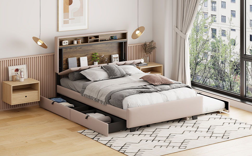 Upholstered Platform Bed With Storage Headboard, Trundle & 2 Drawers And A Set Of Sockets & USB Ports - The Sleep Loft - Online Mattress Showroom NYC