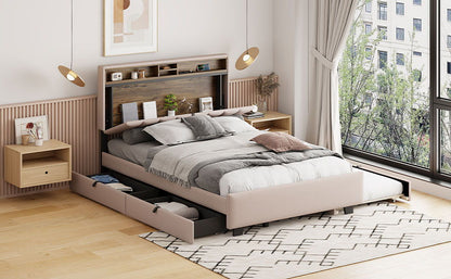 Upholstered Platform Bed With Storage Headboard, Trundle & 2 Drawers And A Set Of Sockets & USB Ports - The Sleep Loft - Online Mattress Showroom NYC