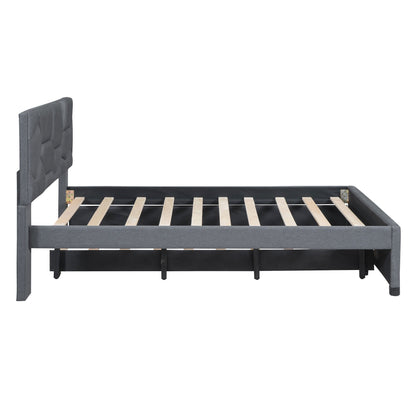 Upholstered Platform Bed With Brick Pattern Headboard And Twin Long Size Trundle - The Sleep Loft - Online Mattress Showroom NYC