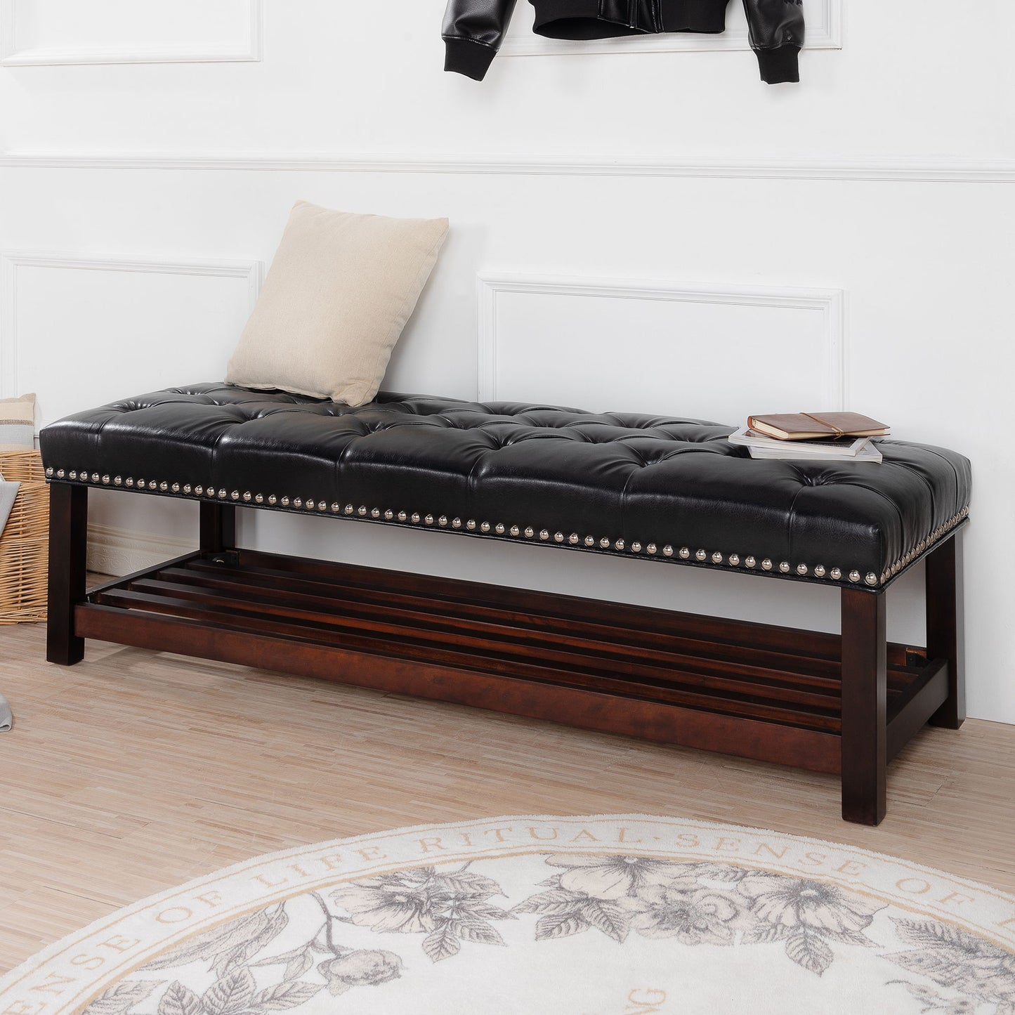 Bedroom End Of Bed Bench Tufted Upholstered End Of Bed Bench End Of Bed Entrance Shoe Bench With Nailhead Trim And Shelf Bedroom Upholstered Bench Living Room Shoe Rack Footstool - The Sleep Loft - Online Mattress Showroom NYC