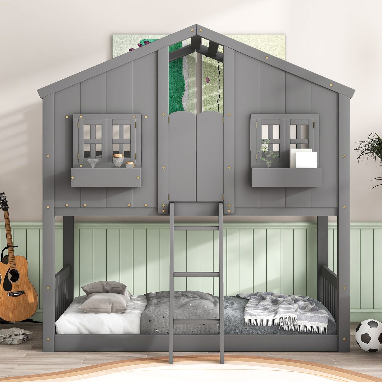 House Bunk Bed With Roof, Window, Window Box, Door, With Safety Guardrails And Ladder - The Sleep Loft - Online Mattress Showroom NYC