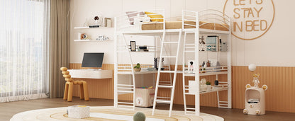Loft Bed With 4 Layers Of Shelves And L-Shaped Desk, Stylish Metal Frame Bed With A Set Of Sockets, USB Ports And And Wireless Charging - The Sleep Loft - Online Mattress Showroom NYC