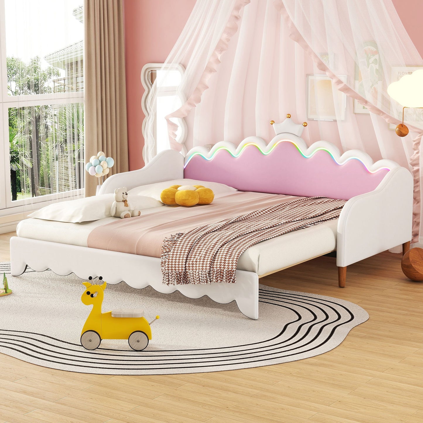 Extending Daybed With LED Lights, Modern Upholstered Princess Daybed With Crown Headboard - The Sleep Loft - Online Mattress Showroom NYC