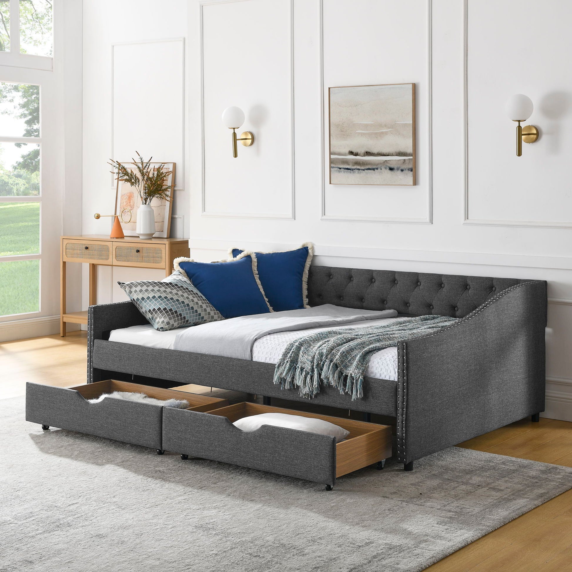 Upholstered Tufted Daybed With Drawers, Waved Arms - The Sleep Loft - Online Mattress Showroom NYC