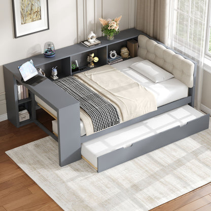 Upholstered Headboard Platform Bed With Storage Shelves, Trundle, Charging Station - The Sleep Loft - Online Mattress Showroom NYC
