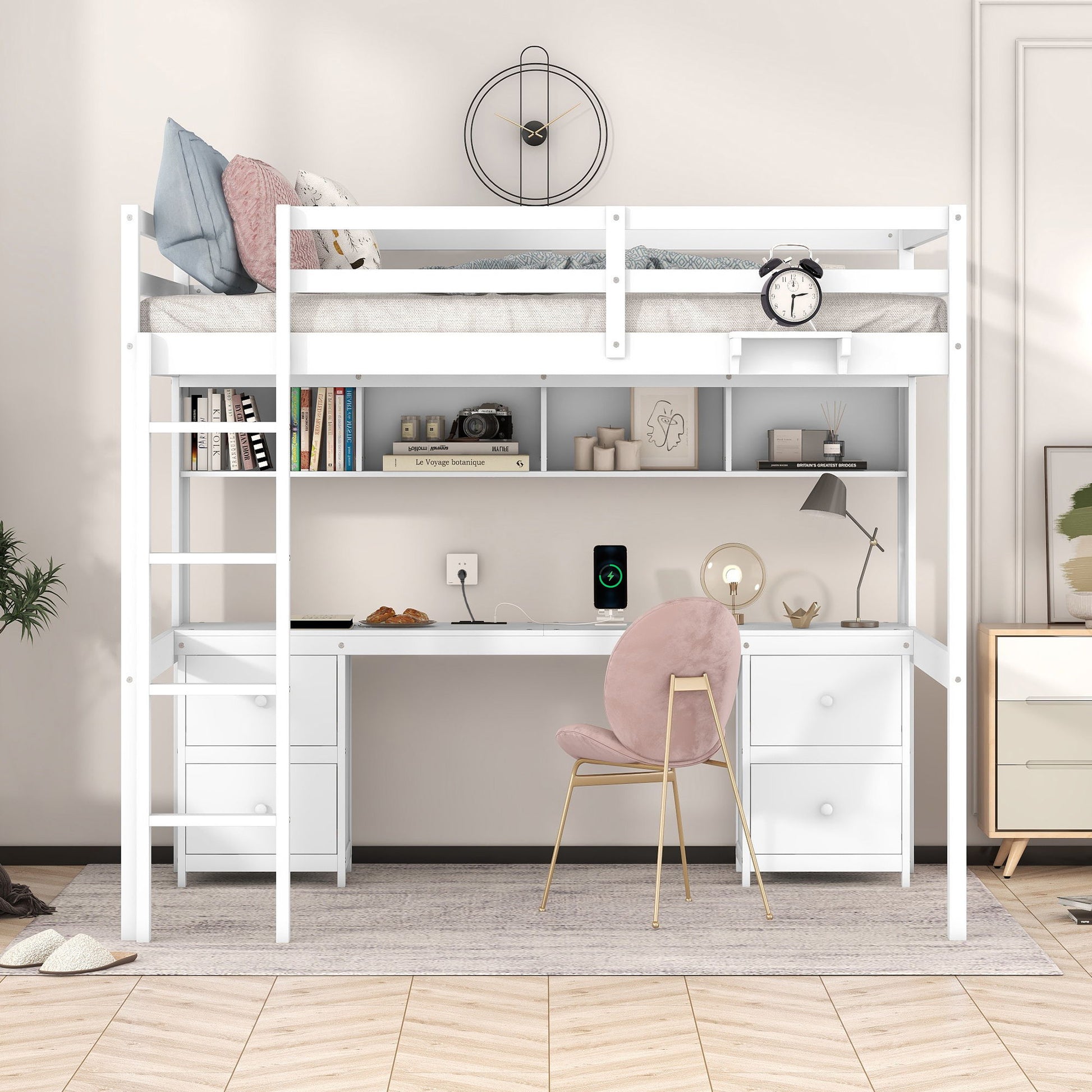 Full Size Loft Bed With Desk, Cabinets, Drawers, Charging Station And Bedside Tray, Sturdy Frame, No Box Spring Required - White - The Sleep Loft - Online Mattress Showroom NYC