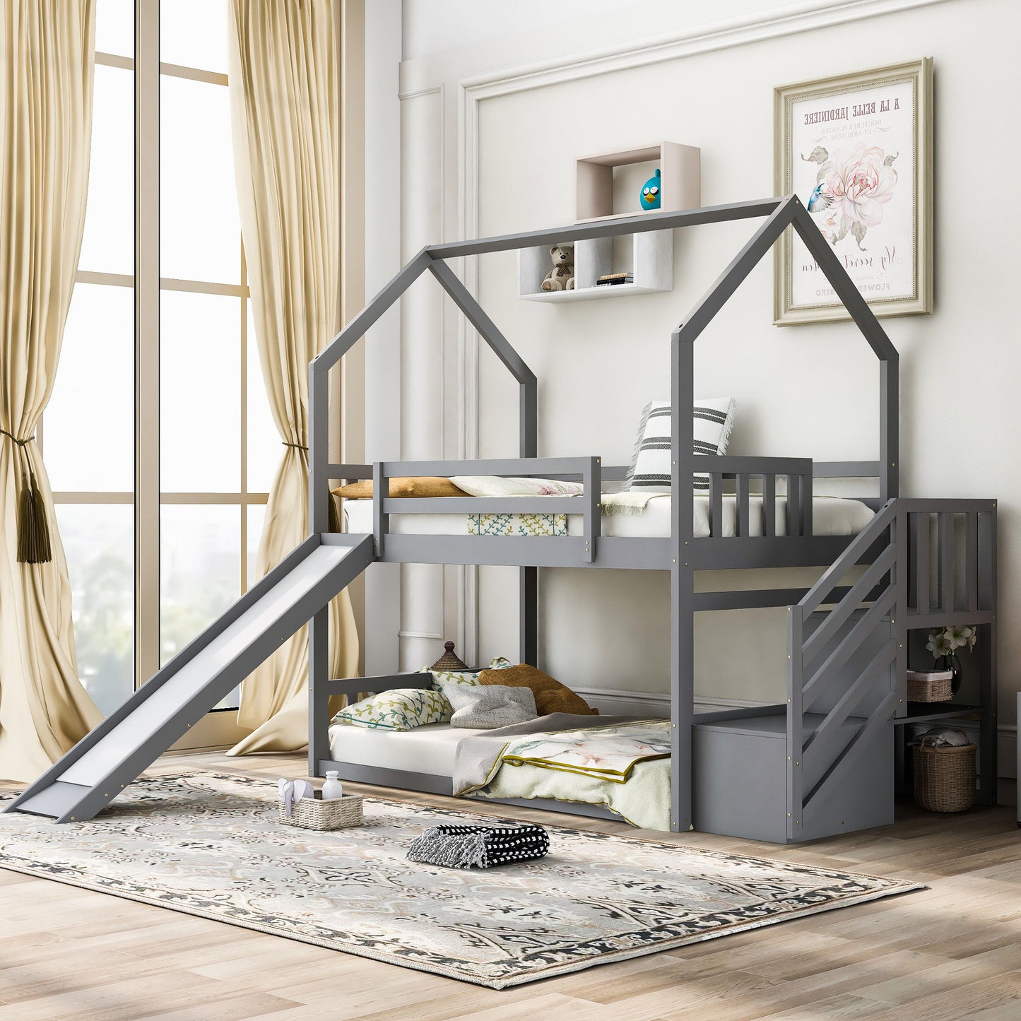 Twin Over Twin House Bunk Bed With Convertible Slide, Storage Staircase - The Sleep Loft - Online Mattress Showroom NYC