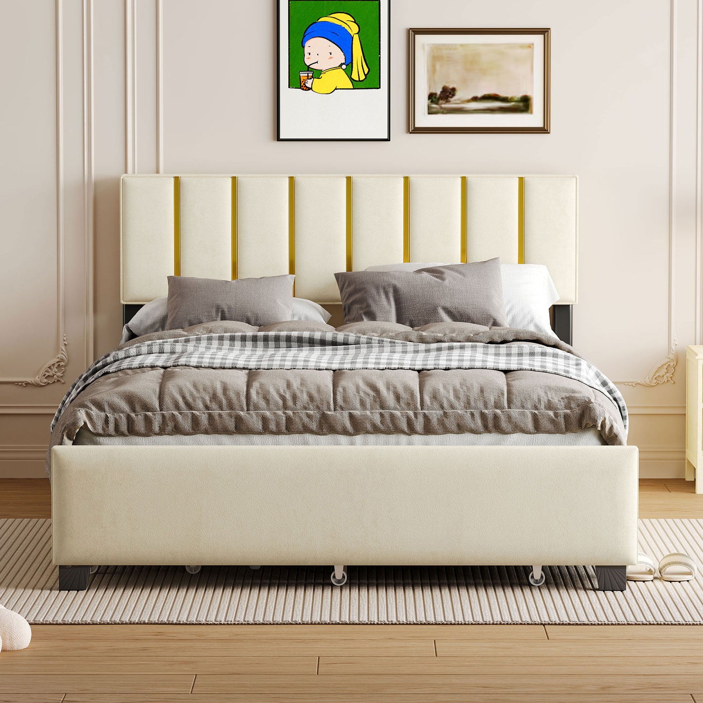 Upholstered Platform Bed With 2 Drawers And 1 Trundle, Classic Strip Headboard Design - The Sleep Loft - Online Mattress Showroom NYC