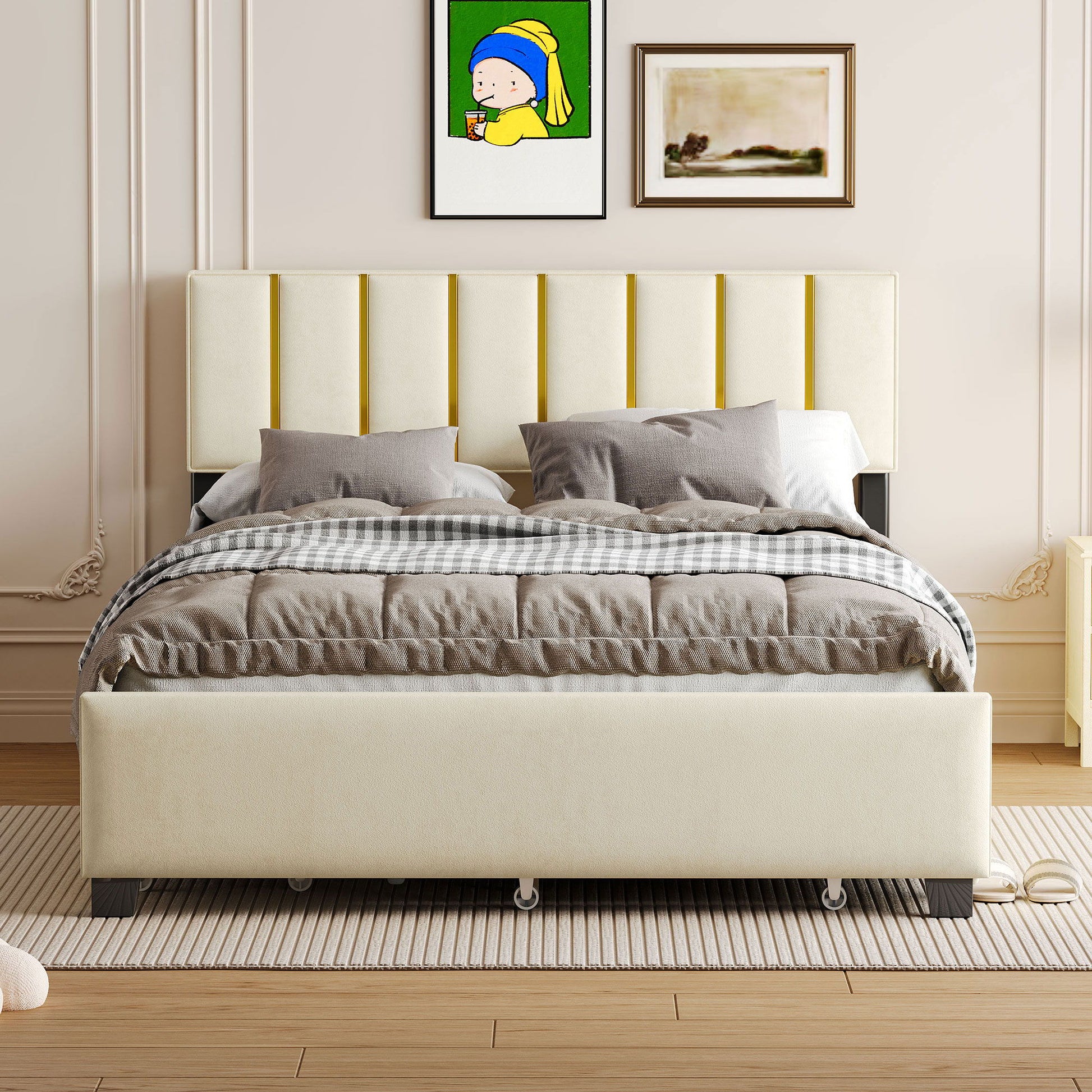 Upholstered Platform Bed With 2 Drawers And 1 Trundle, Classic Strip Headboard Design - The Sleep Loft - Online Mattress Showroom NYC