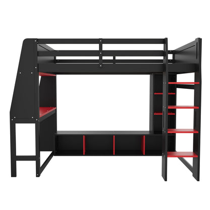Gaming Loft Bed With Desk, Multi Storage Shelves, LED Lighting, And Hanging Clothes Rack - The Sleep Loft - Online Mattress Showroom NYC
