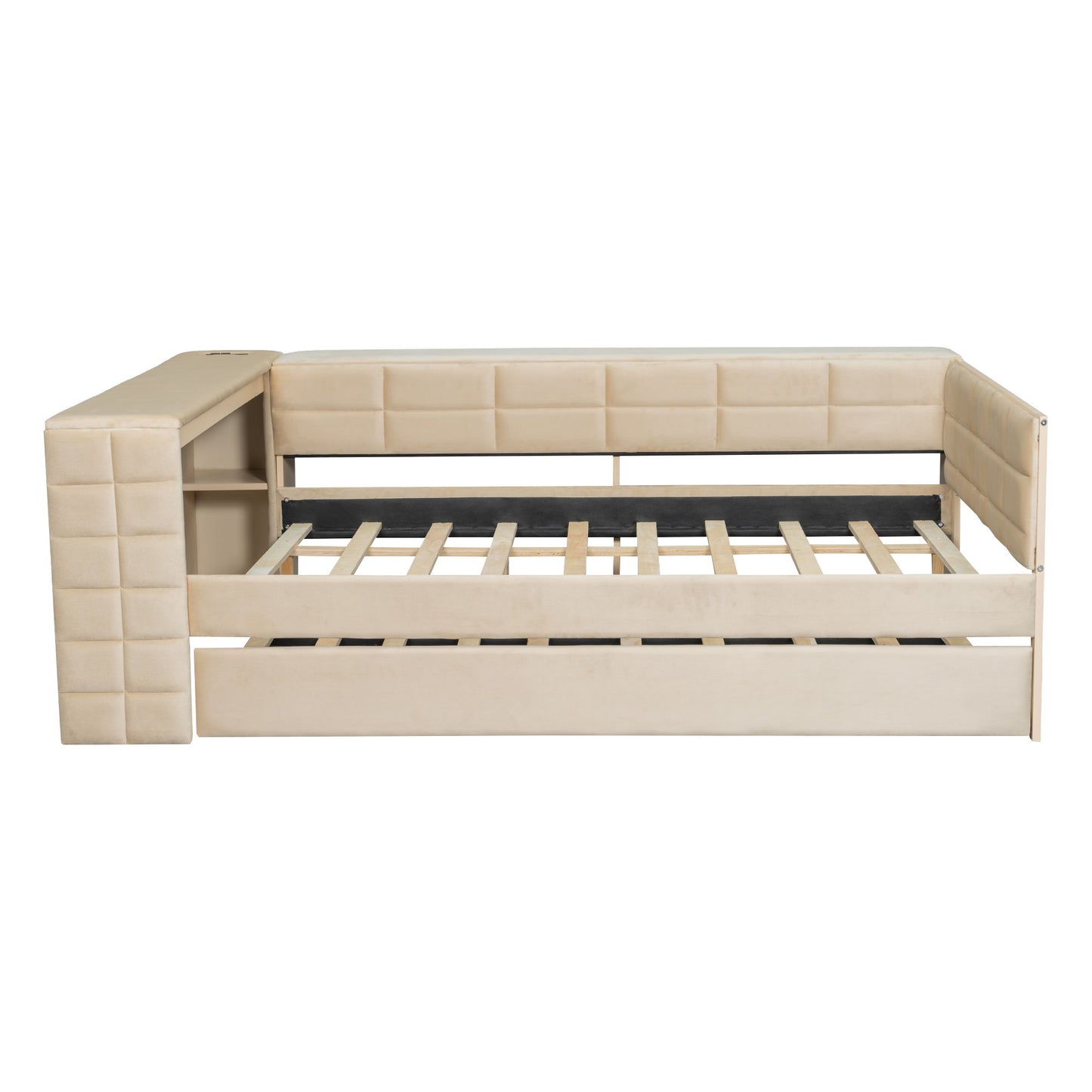 Upholstered Platform Bed With Storage Shelves, Desk, Charging Station And Trundle - The Sleep Loft - Online Mattress Showroom NYC