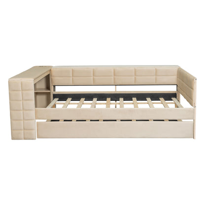 Upholstered Platform Bed With Storage Shelves, Desk, Charging Station And Trundle - The Sleep Loft - Online Mattress Showroom NYC