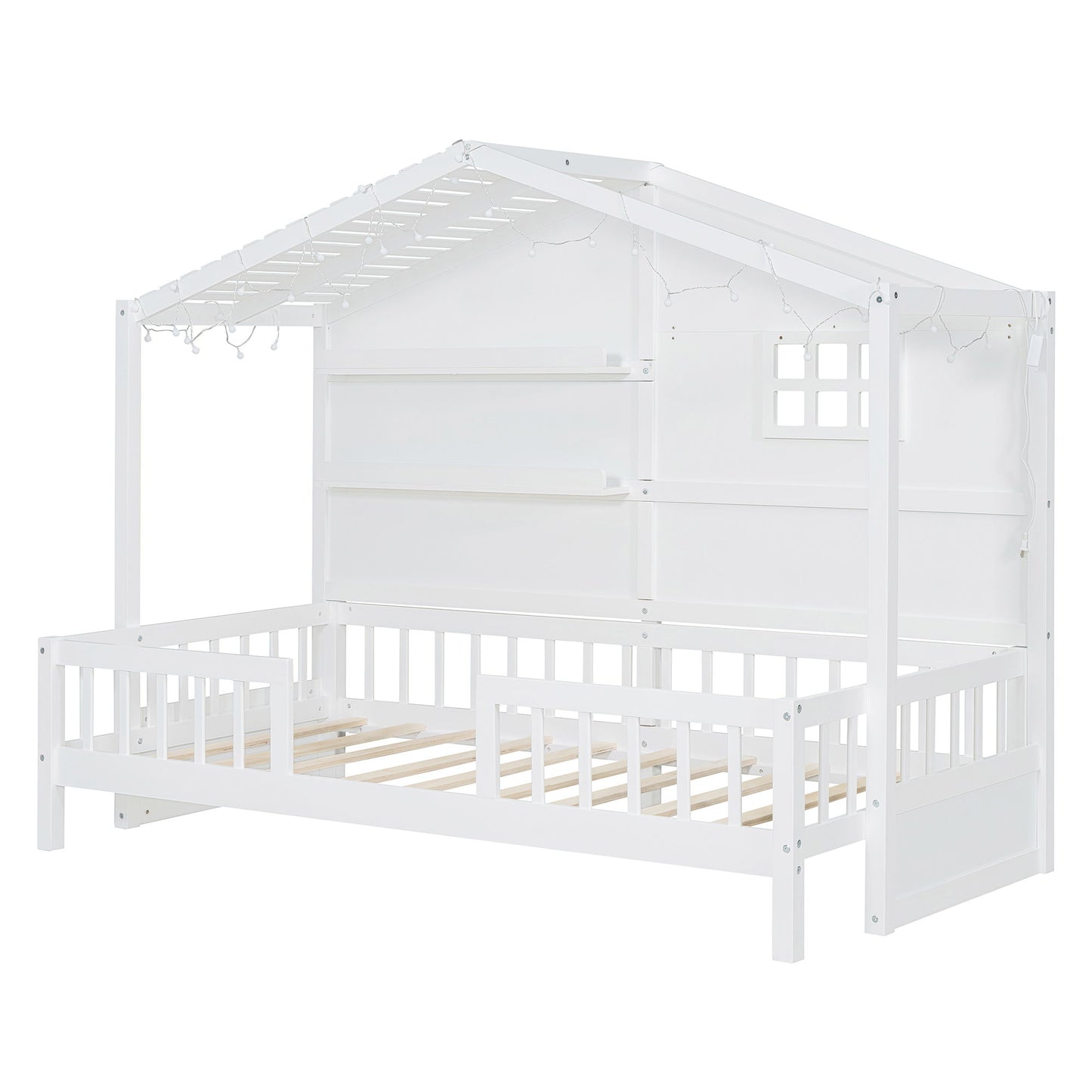 House Bed With Shelves, Window And Sparkling Light Strip On The Roof - The Sleep Loft - Online Mattress Showroom NYC