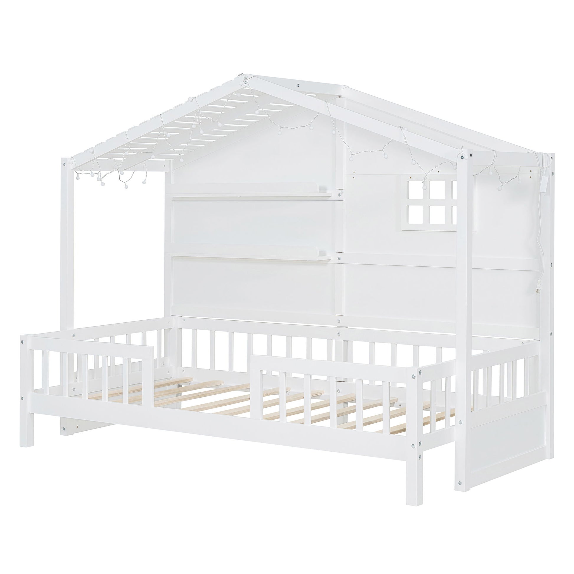 House Bed With Shelves, Window And Sparkling Light Strip On The Roof - The Sleep Loft - Online Mattress Showroom NYC