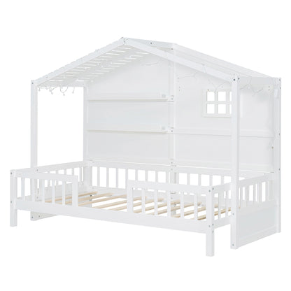 House Bed With Shelves, Window And Sparkling Light Strip On The Roof - The Sleep Loft - Online Mattress Showroom NYC