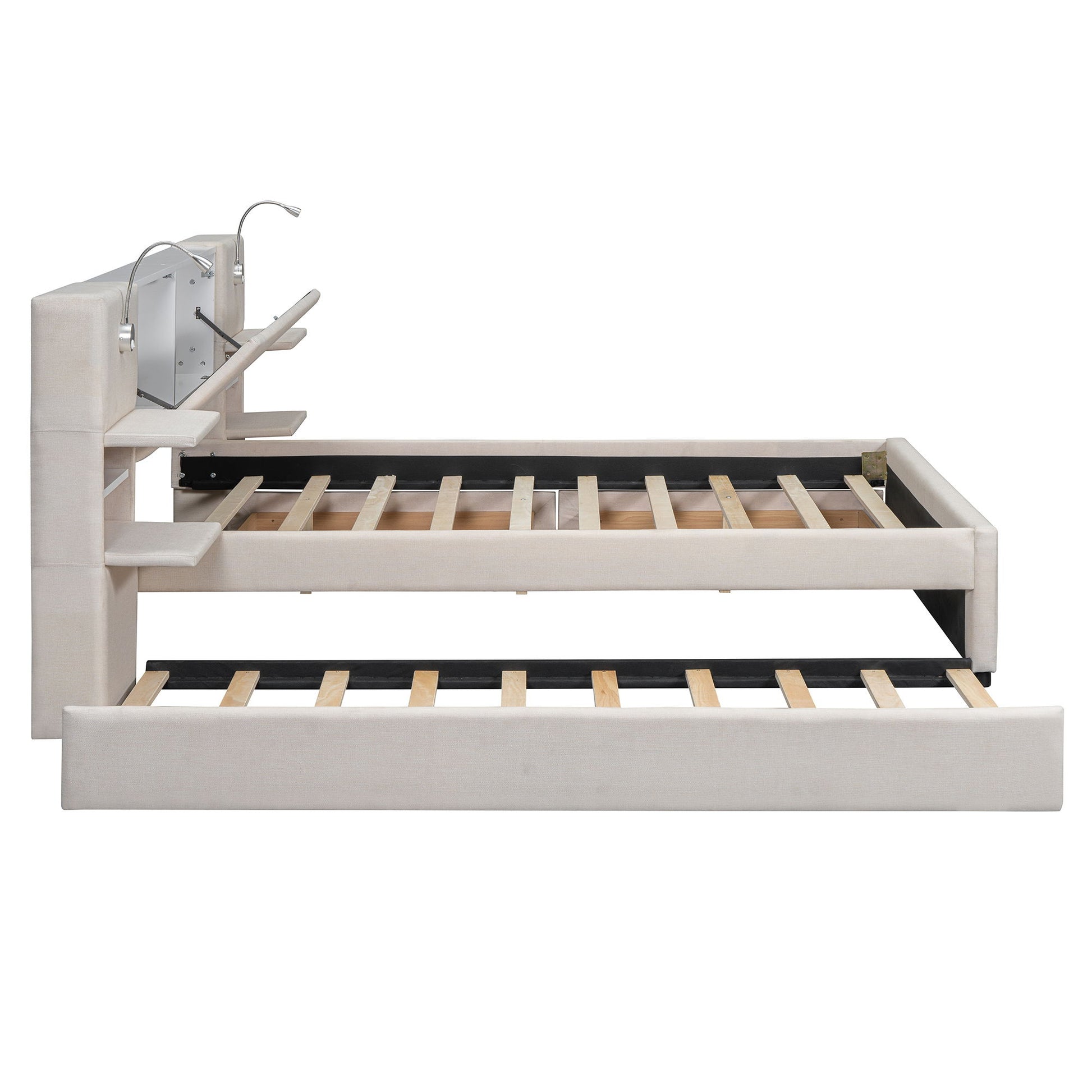 Upholstered Platform Bed With Reading Lights, Drawers, Trundle And Shelves - The Sleep Loft - Online Mattress Showroom NYC