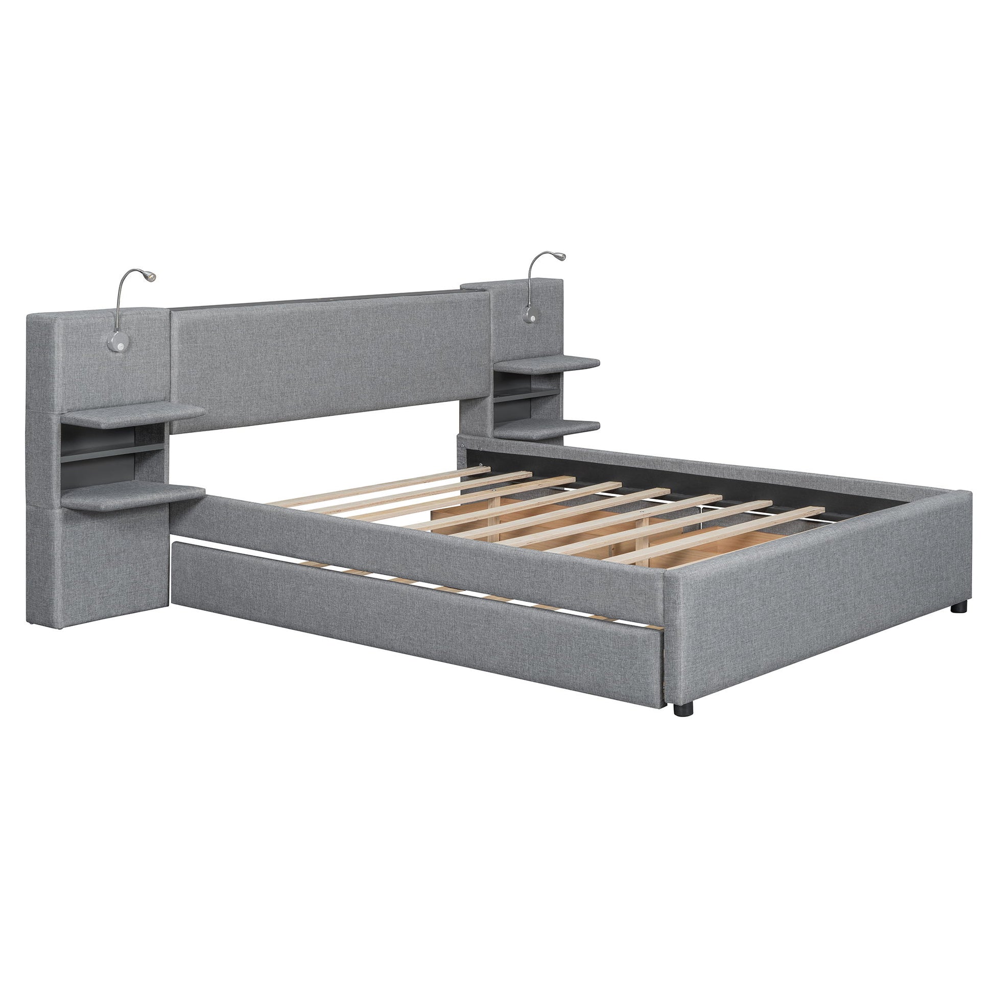 Upholstered Platform Bed With Reading Lights, Drawers, Trundle And Shelves - The Sleep Loft - Online Mattress Showroom NYC