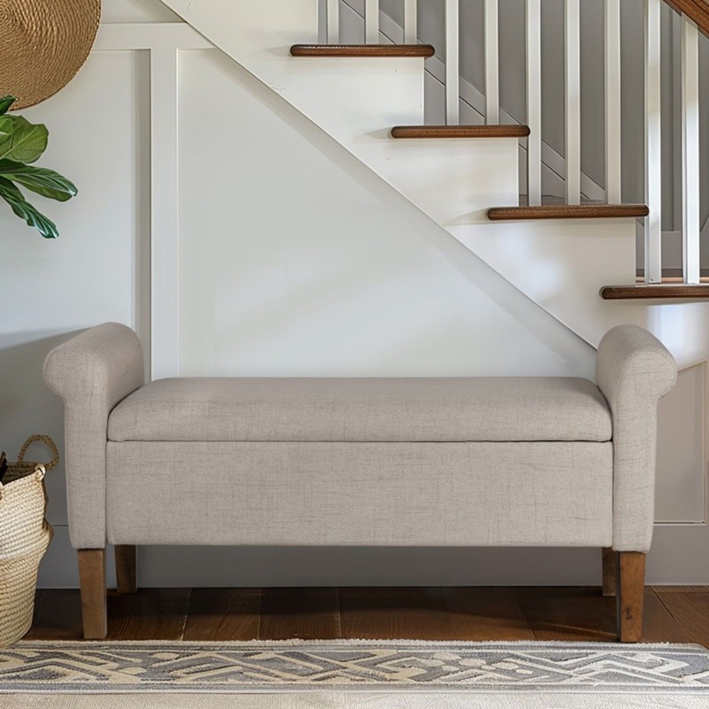 Upholstered Storage Bench With Rolled Armrests - Beige - The Sleep Loft - Online Mattress Showroom NYC