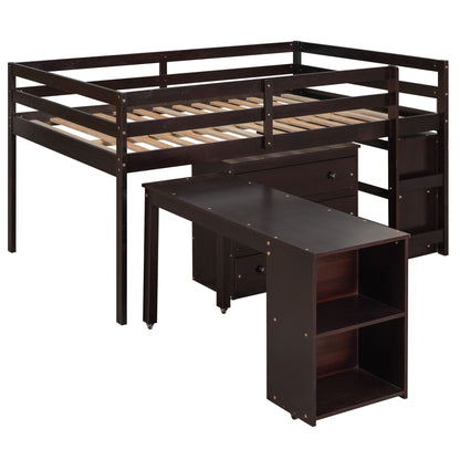 Loft Low Study Bed With Cabinet, Shelves And Rolling Portable Desk, Multiple Functions - The Sleep Loft - Online Mattress Showroom NYC