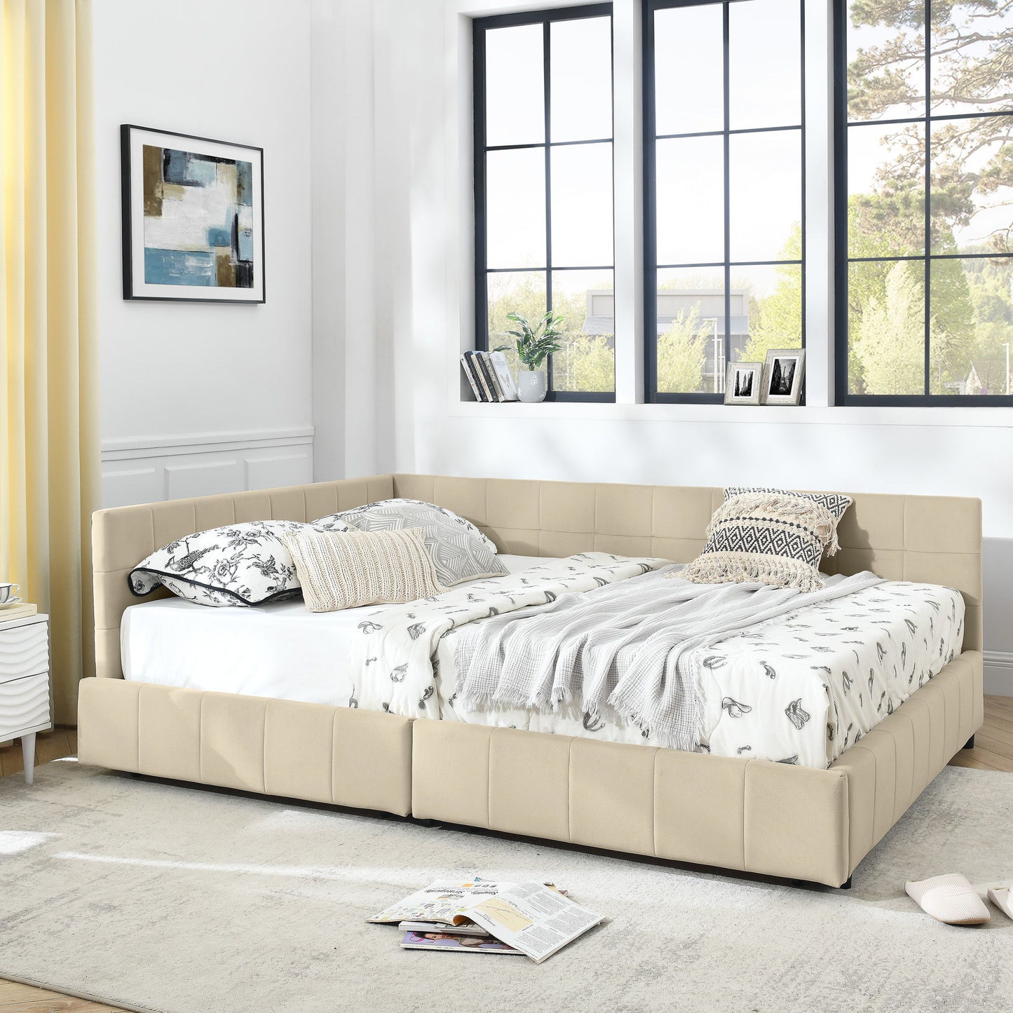 Mid-Century Storage Upholstered Tufted Bed Frame With Backrest And Armrests - The Sleep Loft - Online Mattress Showroom NYC