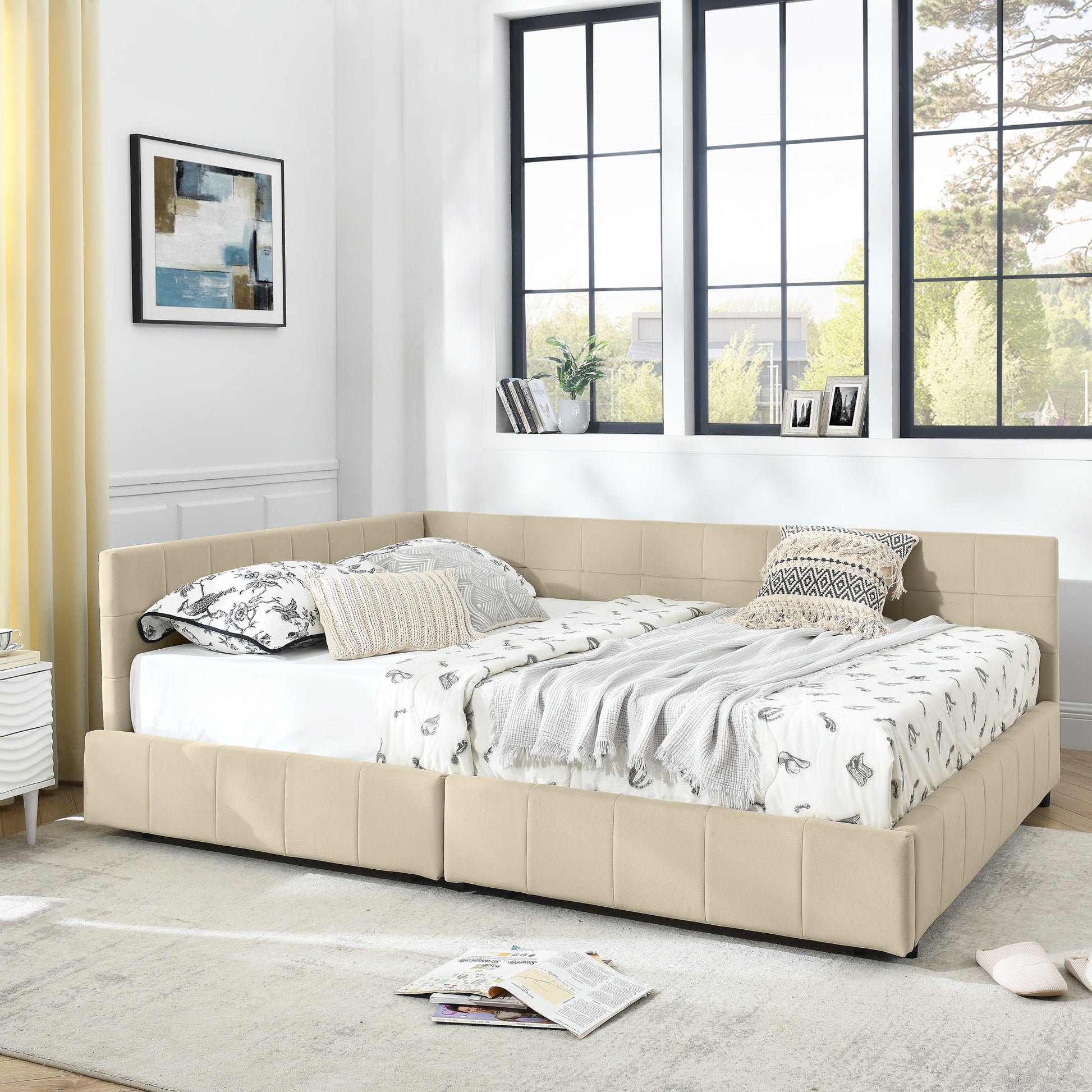 Mid-Century Storage Upholstered Tufted Bed Frame With Backrest And Armrests - The Sleep Loft - Online Mattress Showroom NYC