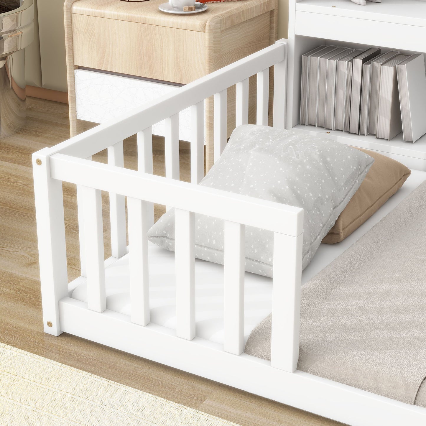Floor Bed With Bedside Bookcase, Shelves, Guardrails - The Sleep Loft - Online Mattress Showroom NYC