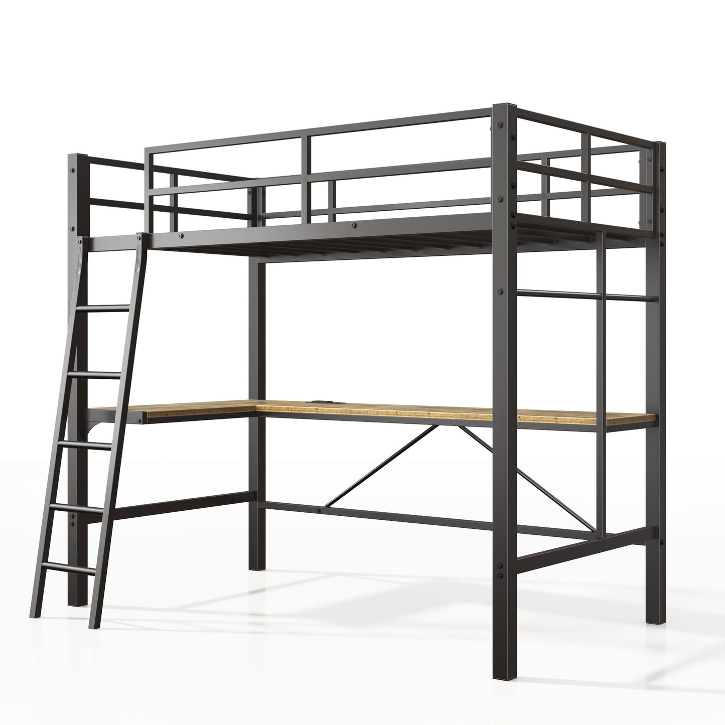 Twin Metal Loft Bed With L - Shaped Desk, Charging Station Loft Bed Frame Twin Size, Safety Guard & Ladder, No Box Spring Needed - Black - The Sleep Loft - Online Mattress Showroom NYC