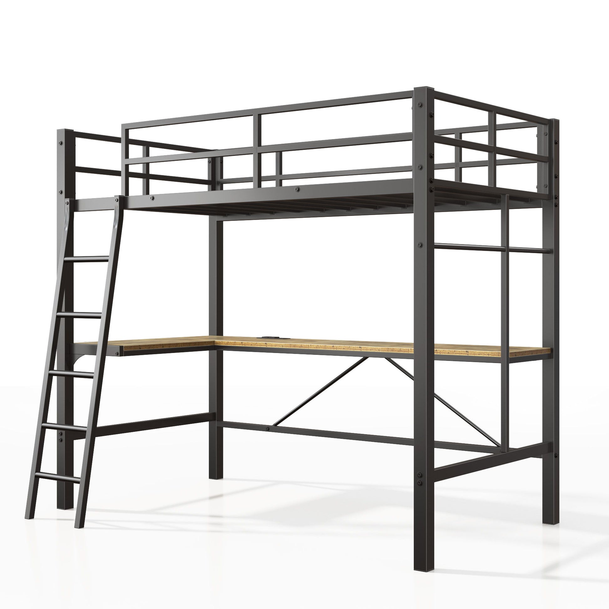 Twin Metal Loft Bed With L - Shaped Desk, Charging Station Loft Bed Frame Twin Size, Safety Guard & Ladder, No Box Spring Needed - Black - The Sleep Loft - Online Mattress Showroom NYC