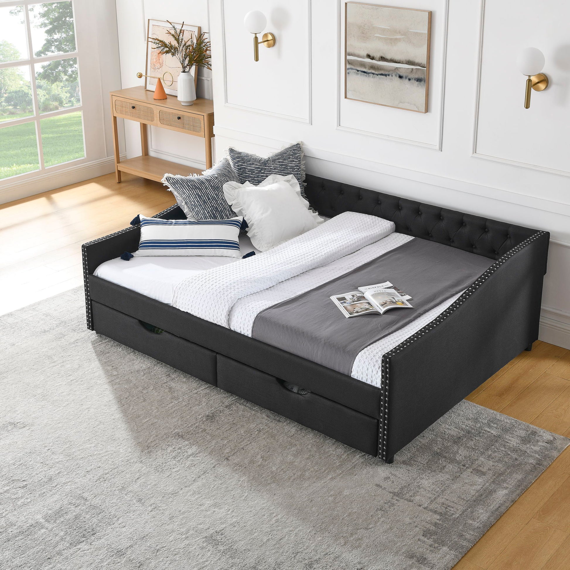 Upholstered Tufted Daybed With 2 Drawers, Waved Arms - The Sleep Loft - Online Mattress Showroom NYC
