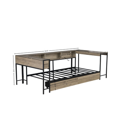 Corner Bed Frame Twin Size With Bookcase And 2 Underbed Storage Drawers, Modern Twin Bed With LED Light And Charging Station, Modern Daybed Reversible Left Or Right - Gray - The Sleep Loft - Online Mattress Showroom NYC